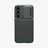 ACS05639 - Galaxy S23 Ultra Case Optik Armor in black showing the back with lens protector slot open
